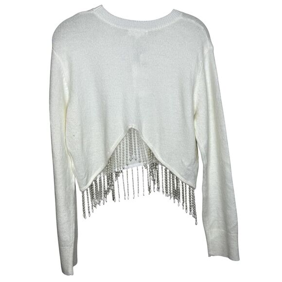 Line & Dot Sweater Womens Small White Beaded Fringe Hem Crewneck Cropped LT4434L - Picture 4 of 9